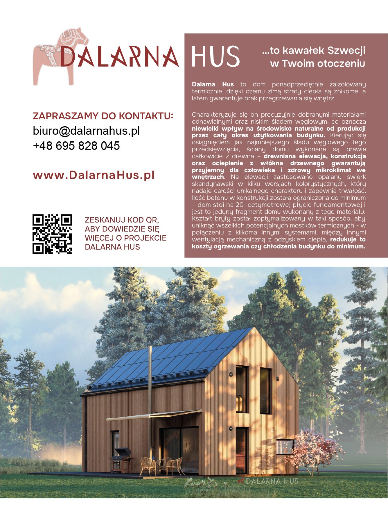 Wizualizacja nowoczesnego domu z drewnianą elewacją i panelami słonecznymi na dachu, otoczonego zielenią i drzewami, z logo firmy Dalarma Hus w rogu.