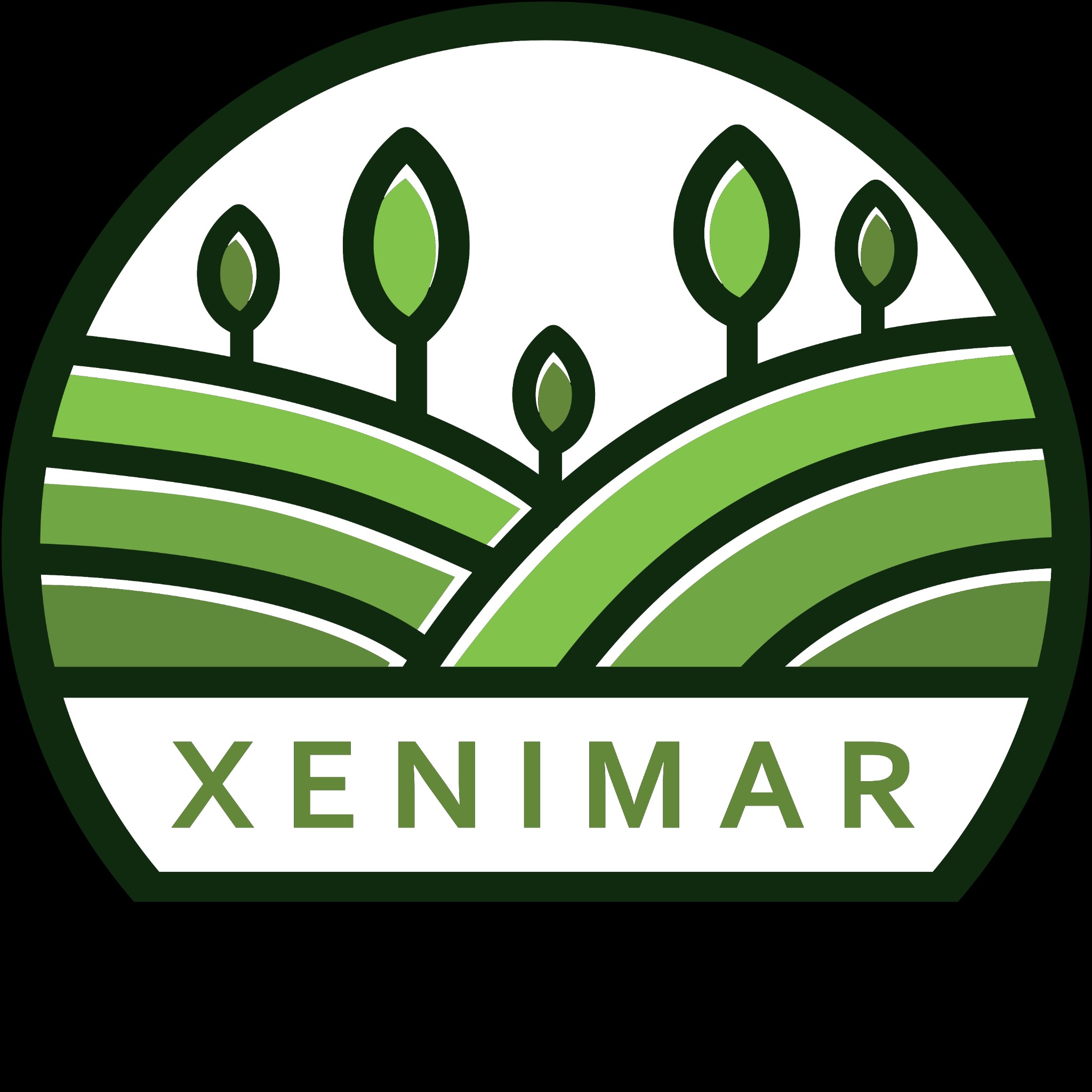 Logo firmy XENIMAR przedstawiające zielone wzgórza z rzędami upraw i stylizowane drzewa w okrągłej, ciemnozielonej ramce.