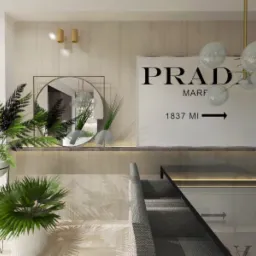 Nowoczesna aranżacja wnętrza z roślinami doniczkowymi, lustrem w metalowej ramie, plakatem PRADA i szklanym stołem z oświetleniem LED.