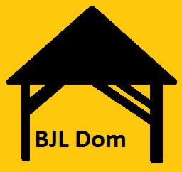 Czarny, uproszczony rysunek domu z napisem 'BJL Dom' na żółtym tle. Grafika przypomina logo.