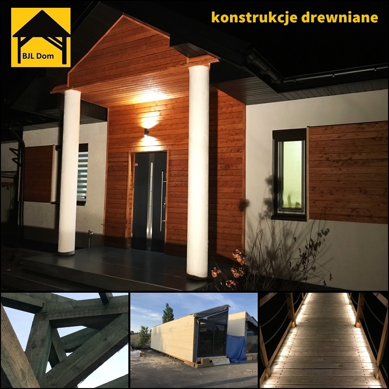 Nowoczesny dom z drewnianą elewacją i białymi kolumnami wejściowymi, oświetlony lampą nad drzwiami, z dodatkowymi ujęciami detali konstrukcji drewnianych i modułowego domu.