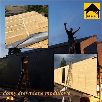 Montaż modułowego domu drewnianego: widok na konstrukcję dachu z izolacją, fragment elewacji pomalowanej na czarno, oraz fragment ściany z surowego drewna z oknem; mężczyzna na drabinie...