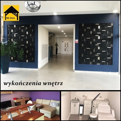 Lobby budynku mieszkalnego z dekoracyjnymi panelami ściennymi, skrzynkami pocztowymi i widokiem na korytarz, oraz zdjęcia wykończonych wnętrz: salonu i gabinetu kosmetycznego.