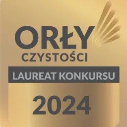 Złota odznaka 'Orły Czystości' - Laureat Konkursu 2024, symbolizująca wysoką jakość usług sprzątania i dbałość o czystość. Grafika z efektem metalicznego połysku.