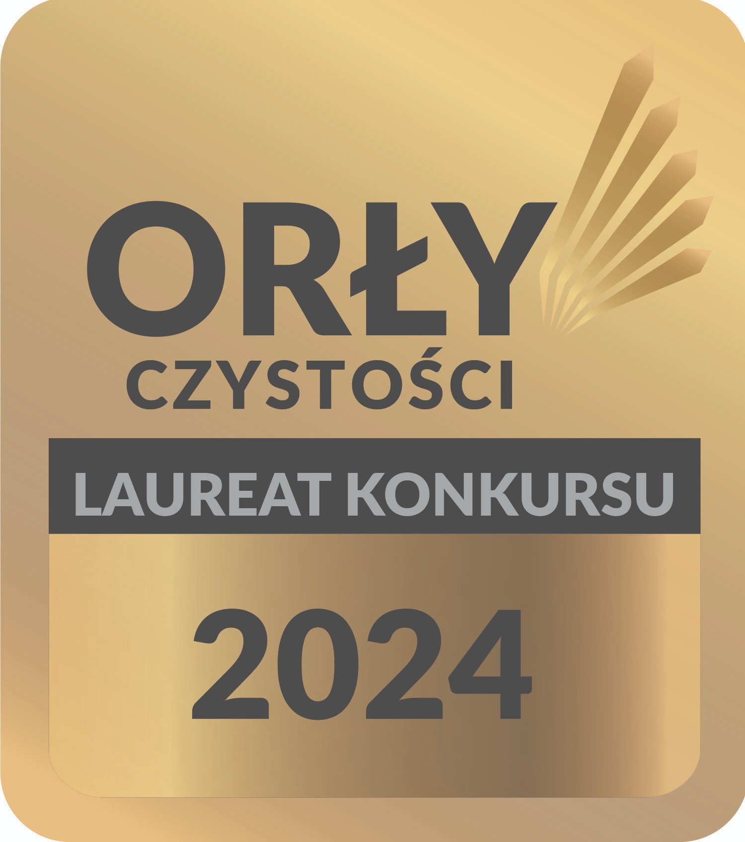 Złota odznaka 'Orły Czystości' - Laureat Konkursu 2024, symbolizująca wysoką jakość usług sprzątania i dbałość o czystość. Grafika z efektem metalicznego połysku.