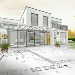 Wizualizacja 3D nowoczesnego domu jednorodzinnego z elementami planu architektonicznego nałożonymi na obraz, ukazująca projekt wkomponowany w zielone otoczenie.