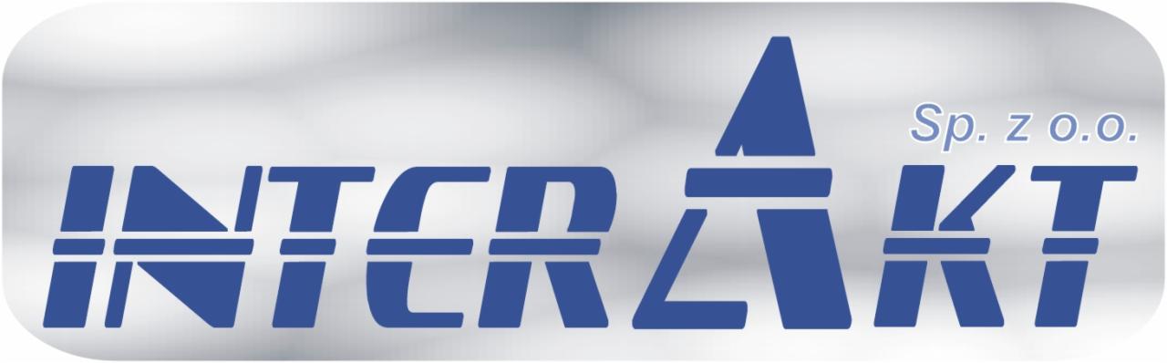 Logo firmy Interakt Sp. z o.o. z Krakowa, specjalizującej się w administrowaniu nieruchomościami. Granatowy napis na srebrnym tle.