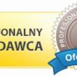 Znak jakości Oferteo.pl: żółty prostokąt z napisem 'Profesjonalny Sprzedawca' połączony z okrągłą pieczęcią z napisem 'Profesjonalny Sprzedawca' i symbolem akceptacji, całość przewiązana niebieską...