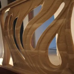 Fragment drewnianej balustrady schodowej z wyciętymi, falistymi otworami, widoczna struktura drewna, jasne oświetlenie