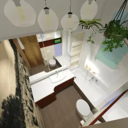 Wizualizacja małej łazienki z drewnianą podłogą, białą armaturą, wiszącymi lampami i roślinami doniczkowymi, widok z góry, ściana z fototapetą przedstawiającą czarno-biały krajobraz.