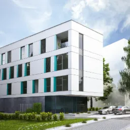 Wizualizacja nowoczesnego, trzypiętrowego budynku biurowego z białymi ścianami, turkusowymi akcentami na oknach i szarym parterem, otoczonego zielenią i z zaparkowanymi dwoma samochodami.