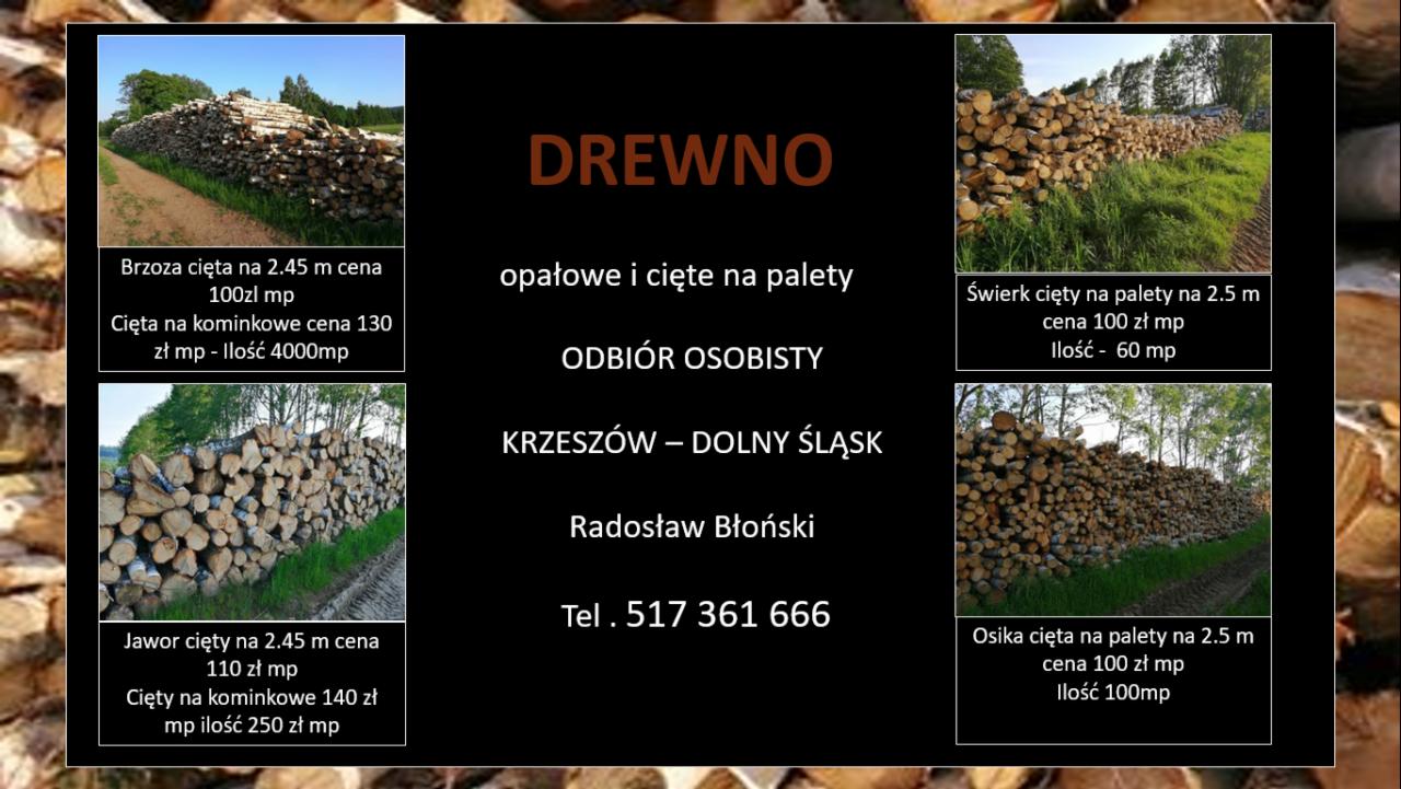 Ogłoszenie sprzedaży drewna kominkowego i opałowego: brzoza, jawor, świerk, osika cięte na palety, z informacją o cenie i ilości oraz danymi kontaktowymi firmy z Krzeszowa.