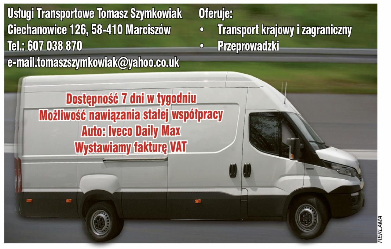 Biały samochód dostawczy Iveco Daily Max z nadrukowanymi danymi kontaktowymi firmy transportowej i informacją o dostępności 7 dni w tygodniu oraz możliwości stałej współpracy i wystawianiu faktur...