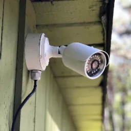 Biała kamera monitoringu zamontowana na pomalowanej na zielono drewnianej ścianie budynku, widoczny kabel zasilający.