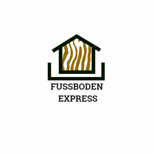 Logo firmy 'Fussboden Express' przedstawiające stylizowany dom z wzorem zebry w środku.