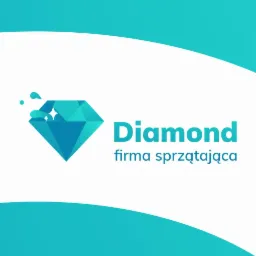 Logo firmy sprzątającej Diamond z turkusowym brylantem i kroplami, napis 'firma sprzątająca' pod nazwą.