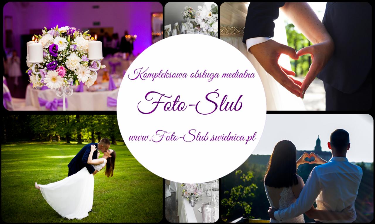 Kolaż zdjęć ślubnych z Wrocławia: dekoracje kwiatowe, para młoda na zielonym trawniku, dłonie tworzące serce na tle sukni ślubnej i krajobrazu.