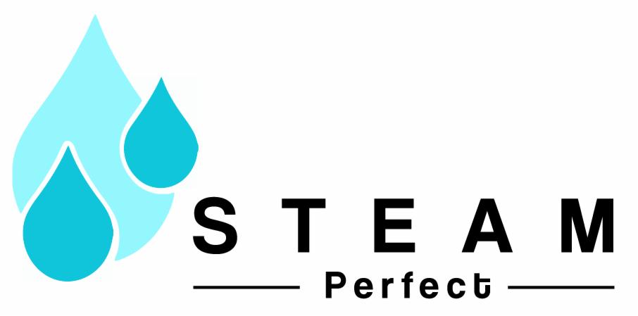 Logo firmy Steam Perfect z trzema stylizowanymi kroplami wody w odcieniach błękitu po lewej stronie i napisem STEAM Perfect po prawej stronie.