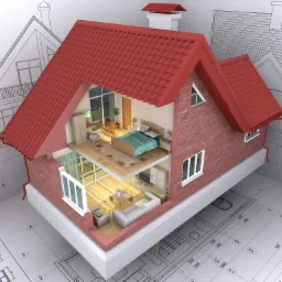 Przekrój 3D modelu domu jednorodzinnego z czerwonym dachem, prezentujący rozkład pomieszczeń na tle architektonicznego planu.