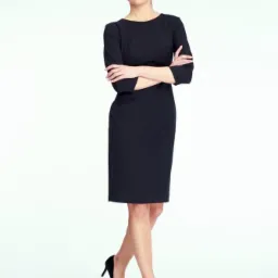 Kobieta w czarnej, dopasowanej sukience do kolan z rękawem 3/4, pozująca na białym tle. Sukienka o prostym kroju, z okrągłym dekoltem i delikatnym wcięciem w talii. Uzupełnieniem stylizacji są...