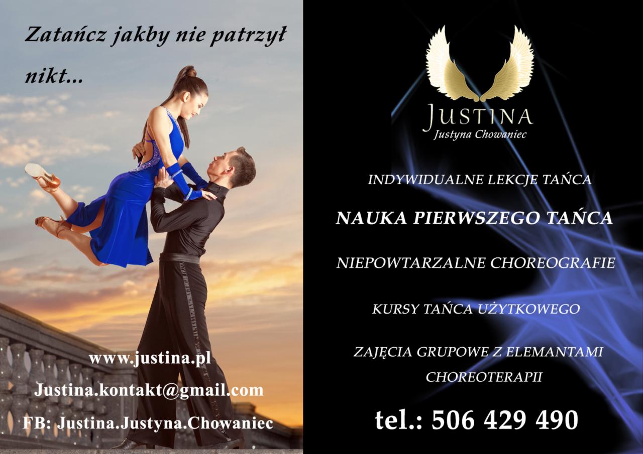 Para taneczna w dynamicznej pozie, kobieta w niebieskiej sukience podnoszona przez mężczyznę na tle zachodzącego słońca, obok informacje kontaktowe i oferta usług, w tym choreoterapia.