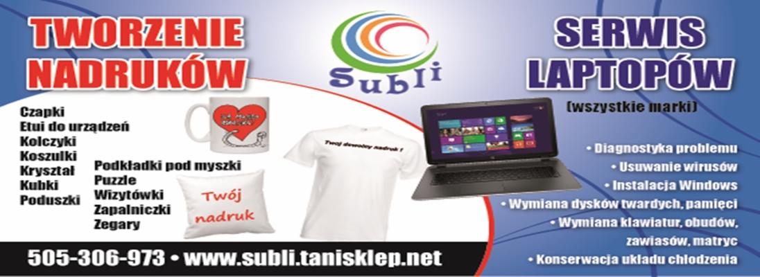 Baner reklamowy firmy Subli oferującej tworzenie nadruków na gadżetach i serwis laptopów, z przykładami produktów: kubek z nadrukiem serca, koszulka z napisem, poduszka z tekstem 'Twój nadruk'...