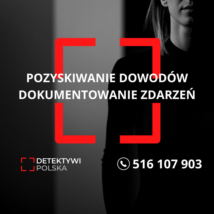 Grafika reklamowa: Pozykiwanie dowodów, dokumentowanie zdarzeń, kontakt telefoniczny i logo w czerwonych obrysach na ciemnym tle z sylwetką osoby.