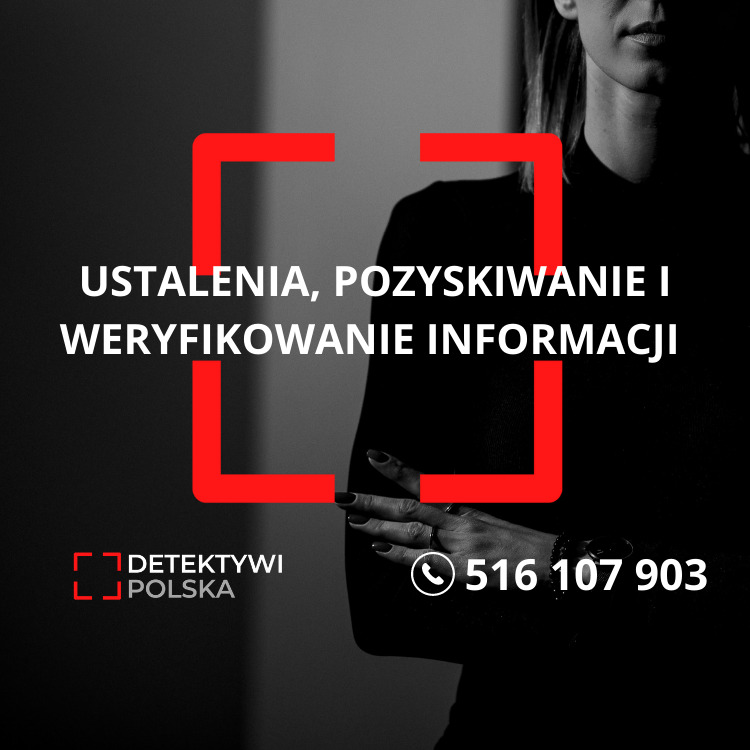 Grafika reklamowa detektywa: kobieta w czerni, hasło 'Ustalenia, pozyskiwanie i weryfikowanie informacji' w czerwonej ramce, logo 'Detektywi Polska' i numer telefonu.