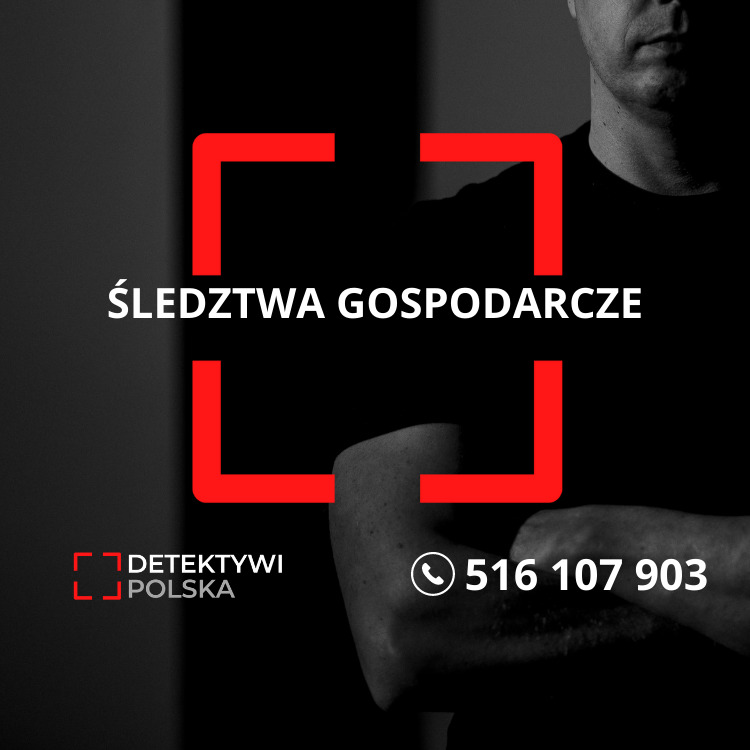 Grafika reklamowa: Śledztwa Gospodarcze, logo firmy i numer telefonu na czarnym tle, fragment sylwetki mężczyzny w tle.