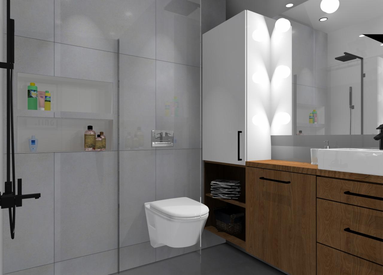 Nowoczesna łazienka z szarą glazurą, podwieszaną toaletą i szafką z drewnianym blatem, oświetlenie LED w pionowej szafce, minimalistyczna armatura i wnęka z kosmetykami.