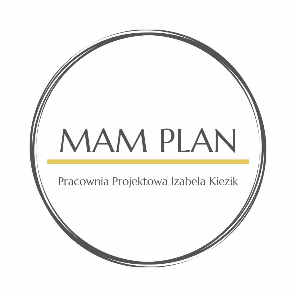 Logo firmy projektowej 'MAM PLAN Pracownia Projektowa Izabela Kiezik' w okręgu, na białym tle.