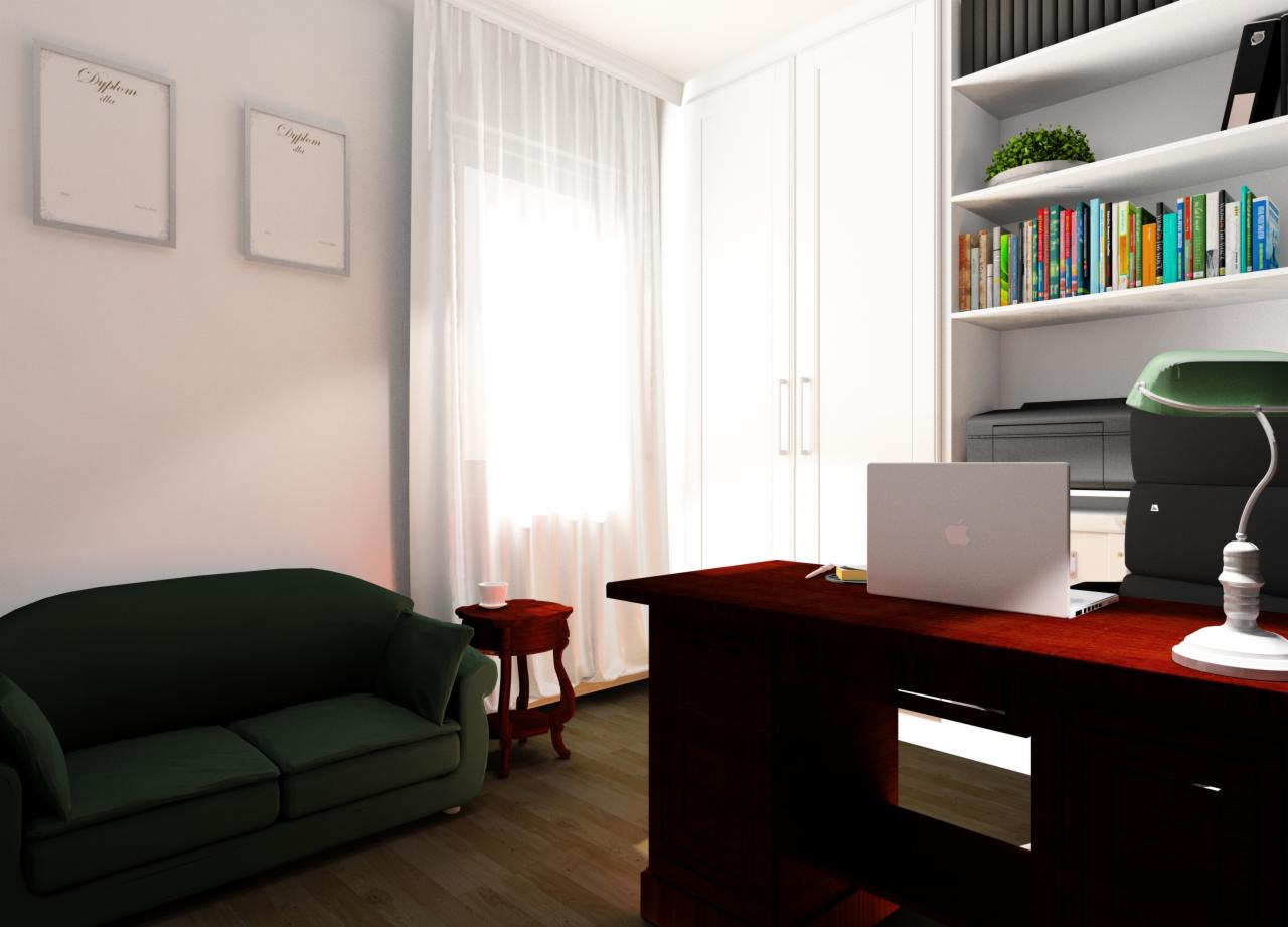 Domowe biuro z ciemnozieloną sofą, mahoniowym biurkiem z laptopem, białymi zasłonami i regałem z książkami oraz dyplomami na ścianie.