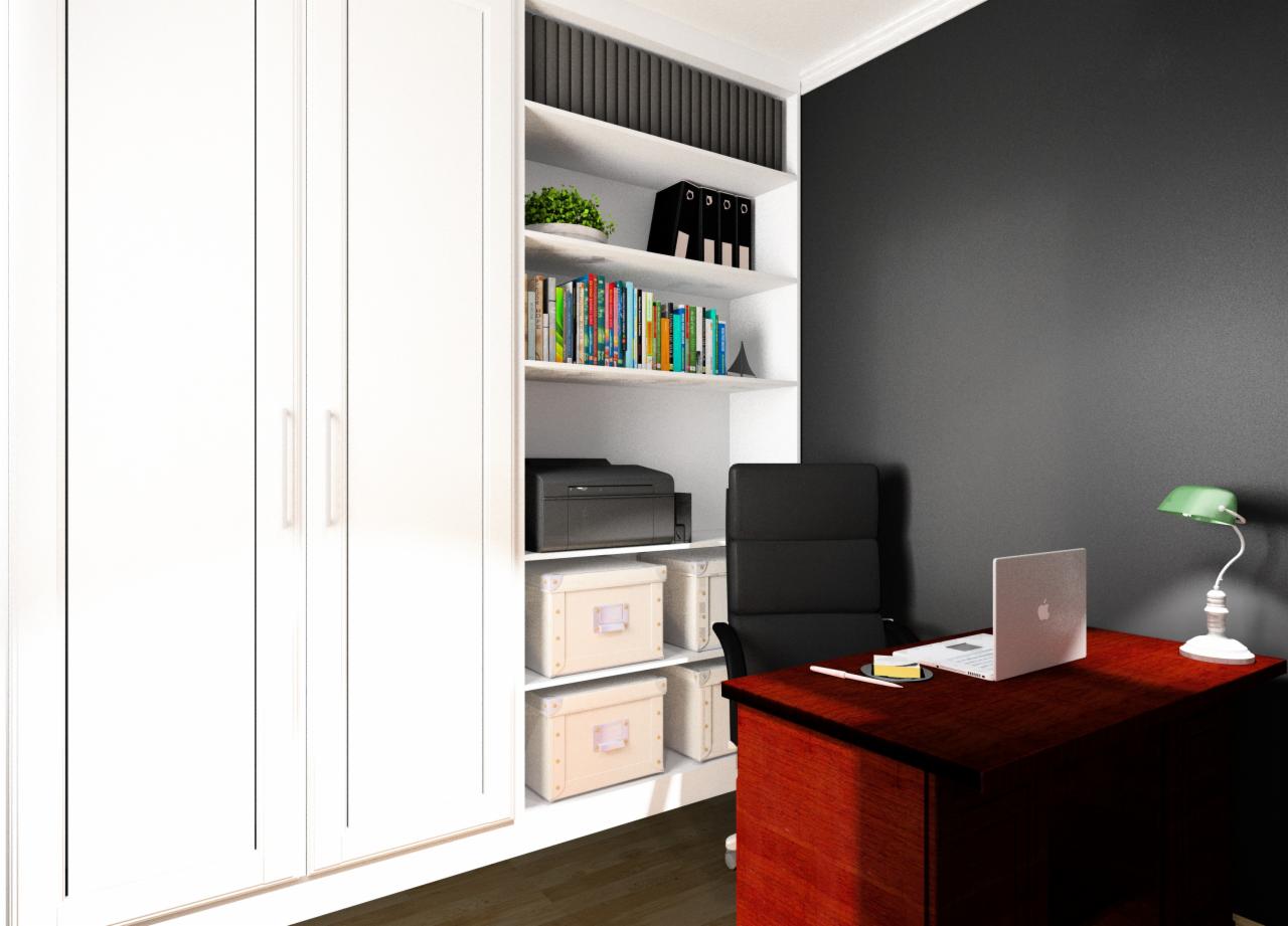 Nowoczesne biuro domowe z białymi szafami w zabudowie, regałem na książki, biurkiem z laptopem i lampką w stylu retro, czarne krzesło biurowe na tle szarej ściany.