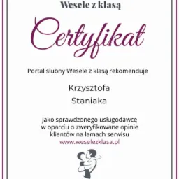 Certyfikat 'Wesele z klasą' dla Krzysztofa Staniaka, usługodawcy z Puław, ważny od maja 2019 do kwietnia 2020.