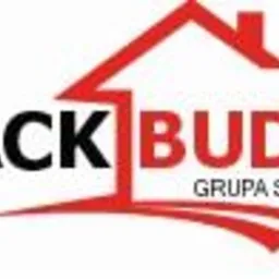 Czerwono-białe logo firmy budowlanej Jack-Bud Grupa Sp. z o.o. z elementem graficznym przypominającym zarys domu.