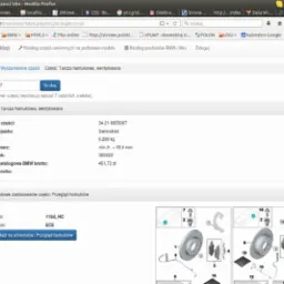Zrzut ekranu strony internetowej sklepu z częściami samochodowymi BMW, prezentujący wyniki wyszukiwania tarczy hamulcowej wentylowanej, z numerem części, typem pojazdu, wagą, komentarzem i ceną,...