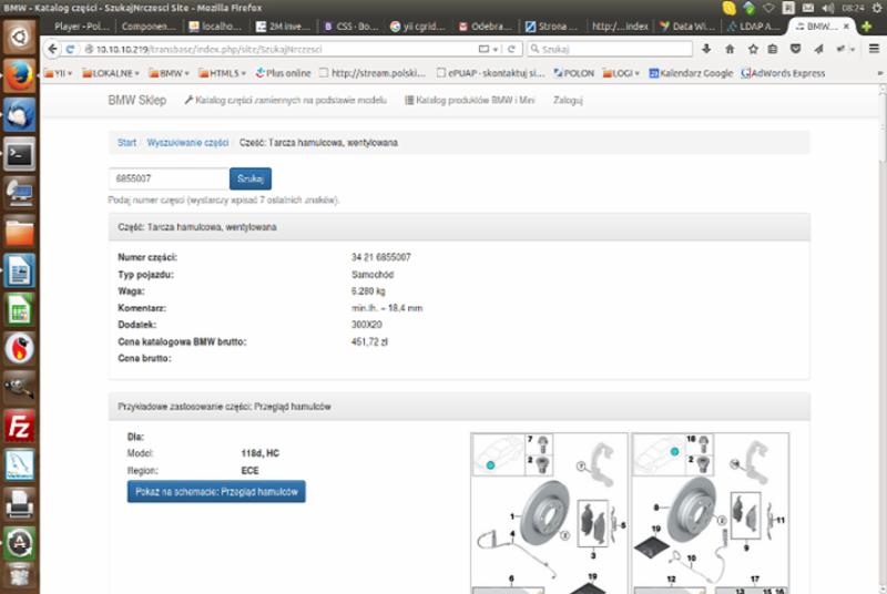 Zrzut ekranu strony internetowej sklepu z częściami samochodowymi BMW, prezentujący wyniki wyszukiwania tarczy hamulcowej wentylowanej, z numerem części, typem pojazdu, wagą, komentarzem i ceną,...