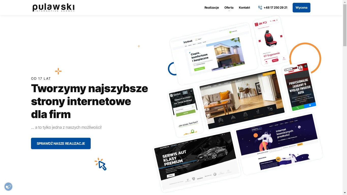 Prezentacja portfolio zrealizowanych stron internetowych dla firm, zawierająca ekrany różnych urządzeń z widocznymi projektami stron o zróżnicowanej tematyce, od budownictwa po motoryzację...