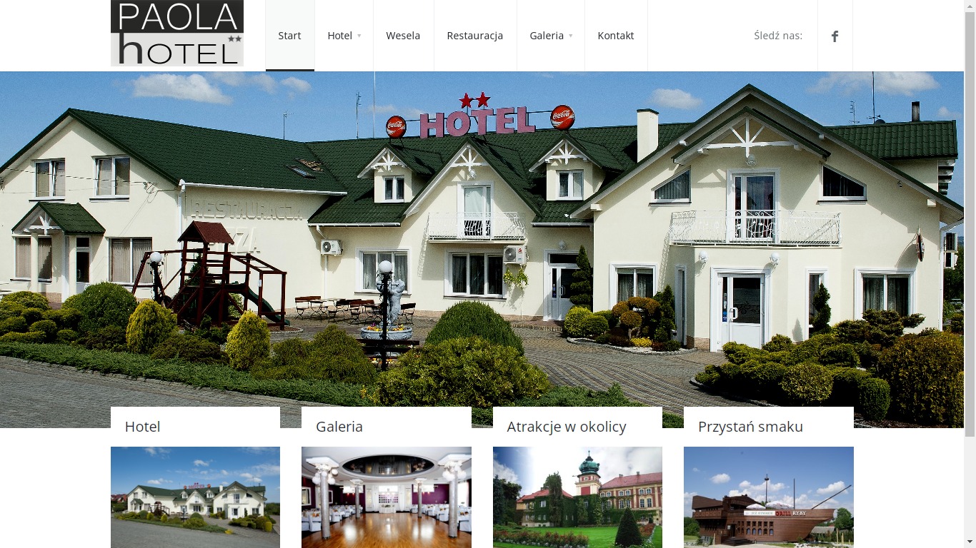 Strona internetowa hotelu Paola z widokiem na budynek, restaurację i plac zabaw, z menu nawigacyjnym u góry i miniaturami galerii na dole.