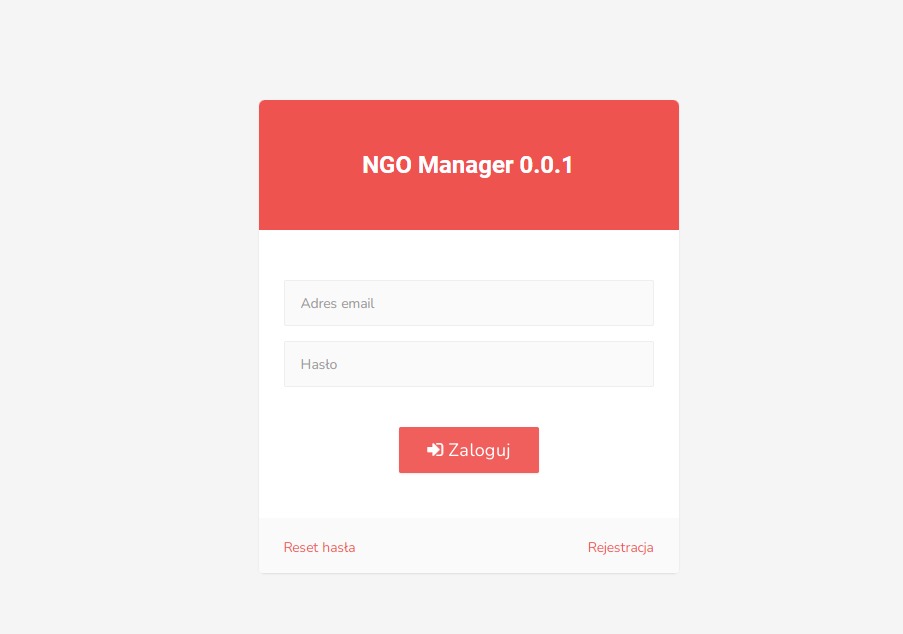 Ekran logowania do aplikacji NGO Manager 0.0.1 z polami adres e-mail, hasło oraz przyciskiem 'Zaloguj'.