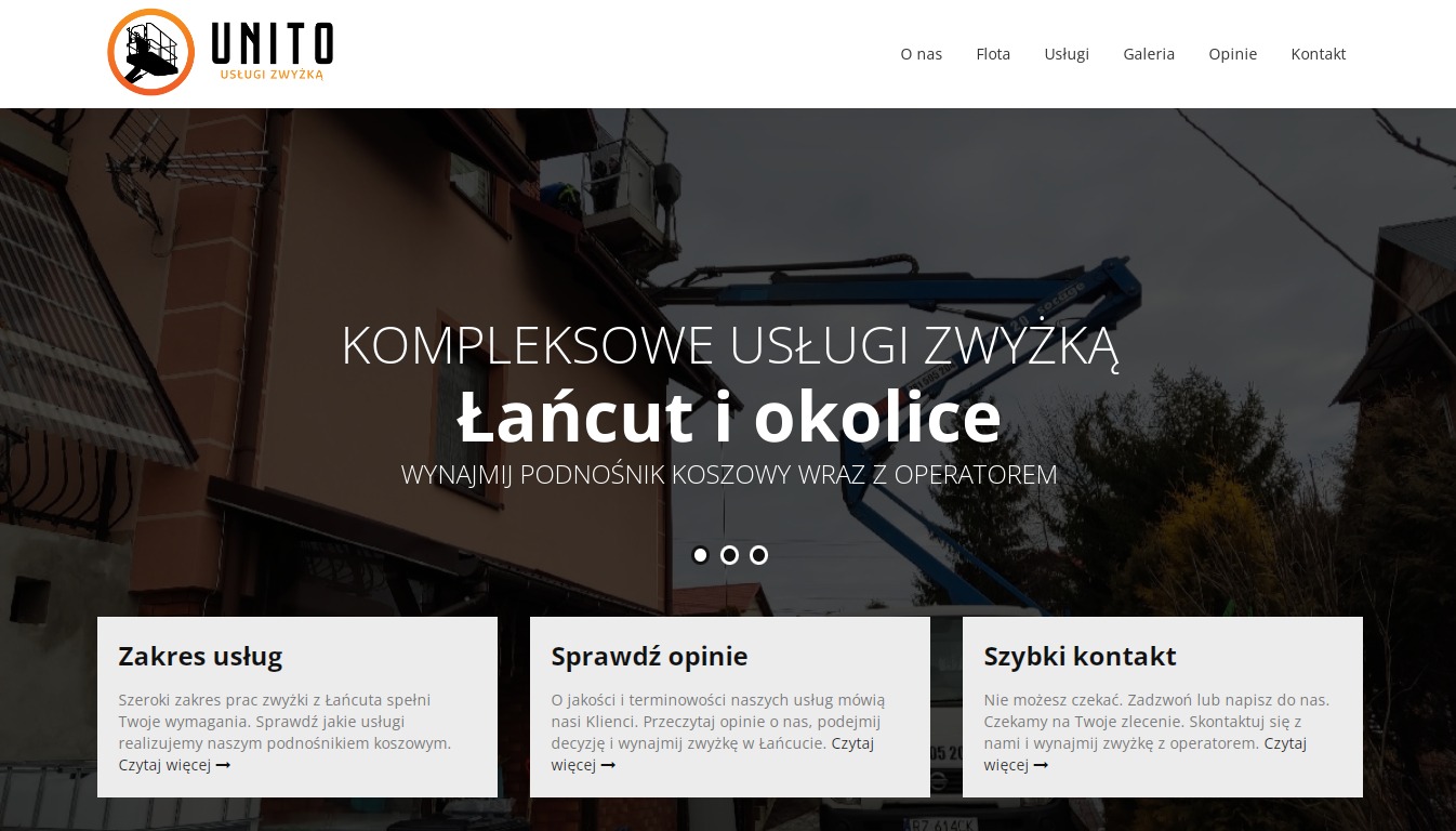 Strona internetowa firmy oferującej usługi podnośnikiem koszowym w Łańcucie, prezentująca hasło reklamowe i zakres usług.