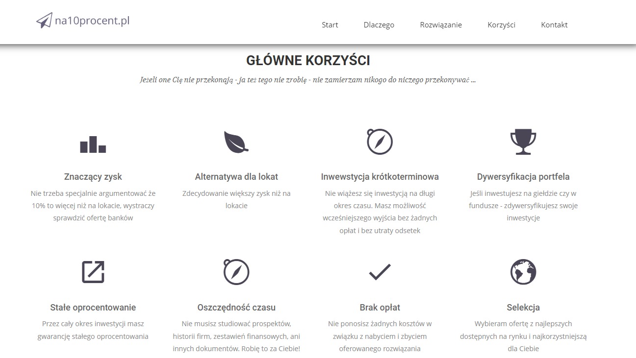 Strona internetowa z nagłówkiem 'Główne korzyści', prezentująca ikony i krótkie opisy zalet inwestowania, takich jak 'Znaczący zysk', 'Alternatywa dla lokat', 'Dywersyfikacja portfela', 'Stałe...