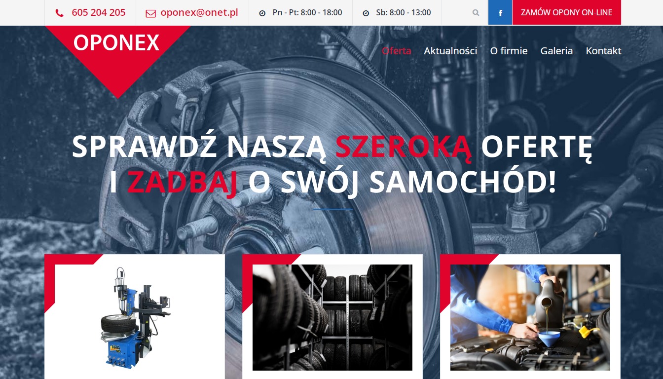 Strona internetowa firmy Oponex z ofertą opon i usług motoryzacyjnych, prezentująca zdjęcie tarczy hamulcowej, montażownicy opon, opon na półkach i mechanika wymieniającego olej.