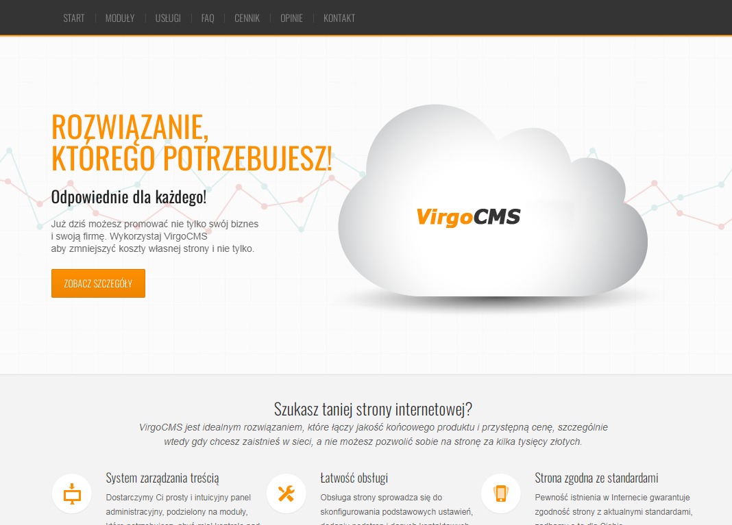 Grafika przedstawiająca interfejs strony internetowej z nagłówkiem 'Rozwiązanie, którego potrzebujesz!' i logo VirgoCMS w kształcie chmury, podkreślająca łatwość obsługi i zgodność ze standardami.