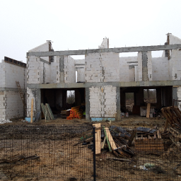 Roman Kłak - Surowy stan dwukondygnacyjnego domu z białych bloczków, widoczny przez metalowe ogrodzenie, z elementami drewnianych szalunków i resztkami materiałów budowlanych na błotnistym terenie.