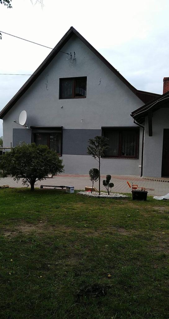 Dom jednorodzinny z szarą elewacją, widoczny fragment ocieplenia w postaci ciemniejszego pasa, antena satelitarna na elewacji, okna z brązowymi ramami i zadbany ogród z niskimi drzewkami.