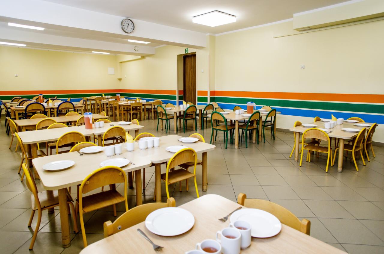 Sala jadalna z ustawionymi stołami dla dzieci, nakryta zastawa stołowa i kubki, ściany ozdobione poziomymi pasami w kolorach pomarańczowym, zielonym i niebieskim.