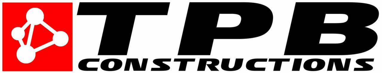 Logo firmy TPB Constructions: czerwony kwadrat z białym schematycznym rysunkiem łączących się kul, obok czarny napis TPB Constructions.