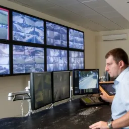 Mężczyzna w koszuli przy biurku z wieloma monitorami wyświetlającymi obraz z kamer, najprawdopodobniej w centrum monitoringu.