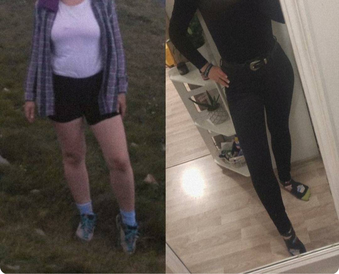 Porównanie sylwetki przed (luźna odzież, plener) i po (obcisłe ubranie, wnętrze) zmianie wagi, widoczne różnice w kształcie nóg i talii.